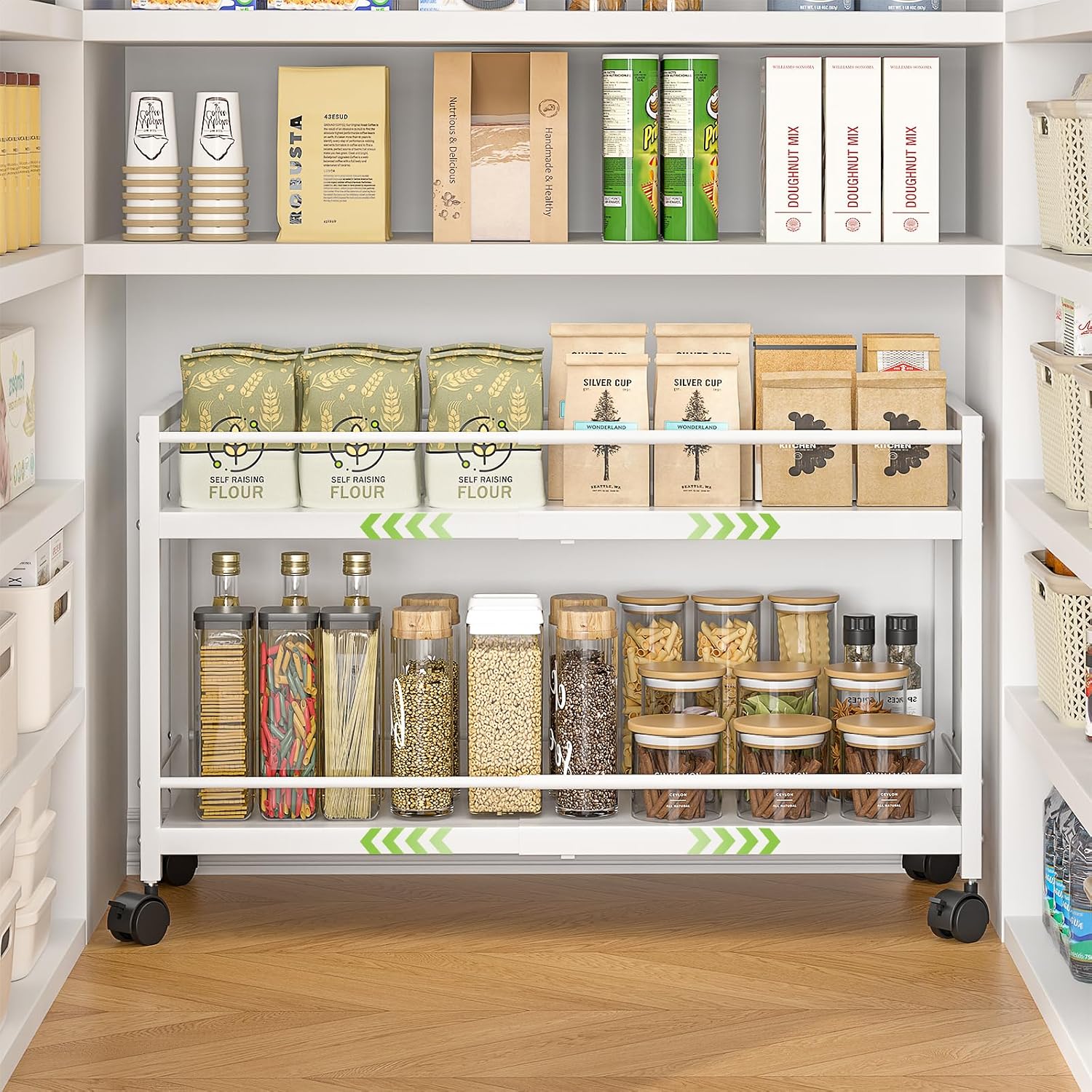 1 Pack 2-Tier Expandable Pantry Floor Organizer Cart, Rolling Pantry Storage Cart with Wheel, Adjustable Can Organizer for Kitchen Pantry, Pantry Shelves and Storage Rack for Snacks, Vegetables, White