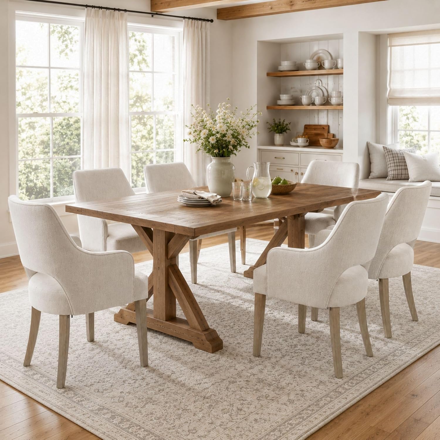 Dining Chairs Set of 2 Linen Upholstered Accent Kitchen Chair with Hollow Back/Padded Seat/Wood Legs for Dining Room Restaurant Home Decor, Beige