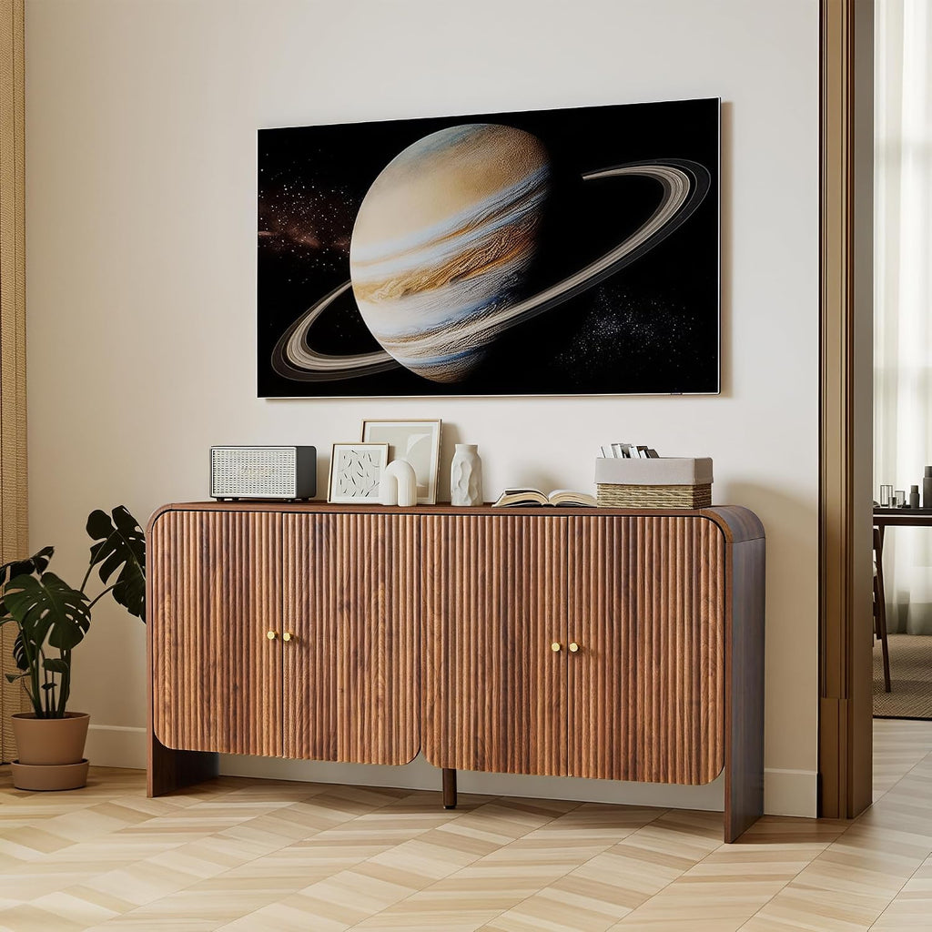 59” Large Buffets Sideboard Cabinet with Storage, Fluted Curved Credenza Buffet Table Storage Cabinet with 4 Doors, Modern Wood Accent Console Table Coffee Bar for Living Room Kitchen Hallway, Walnut