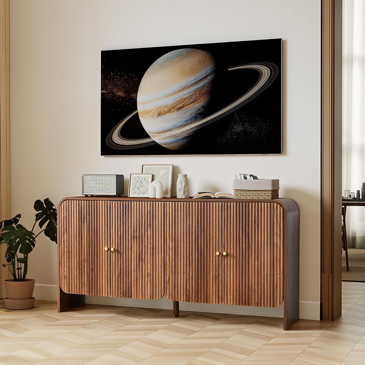 59” Large Buffets Sideboard Cabinet with Storage, Fluted Curved Credenza Buffet Table Storage Cabinet with 4 Doors, Modern Wood Accent Console Table Coffee Bar for Living Room Kitchen Hallway, Walnut