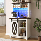 31.5"Wide Farmhouse Coffee Bar Cabinet with LED Light,Wine Bar Cabinet w/2 Storage Hutch,Kitchen Buffet Cabinet w/Sliding Barn Door & Wine and Glass Racks for Kitchen Dining Room(Antique White)