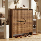 Slim Shoe Storage Cabinet for Entryway, Narrow Shoe Cabinet with 2 Tier Flip Drawers Doors, Fluted Hidden Shoe Rack Organizer for Entrance, Entry Way, Foyer, Hallway, Walnut