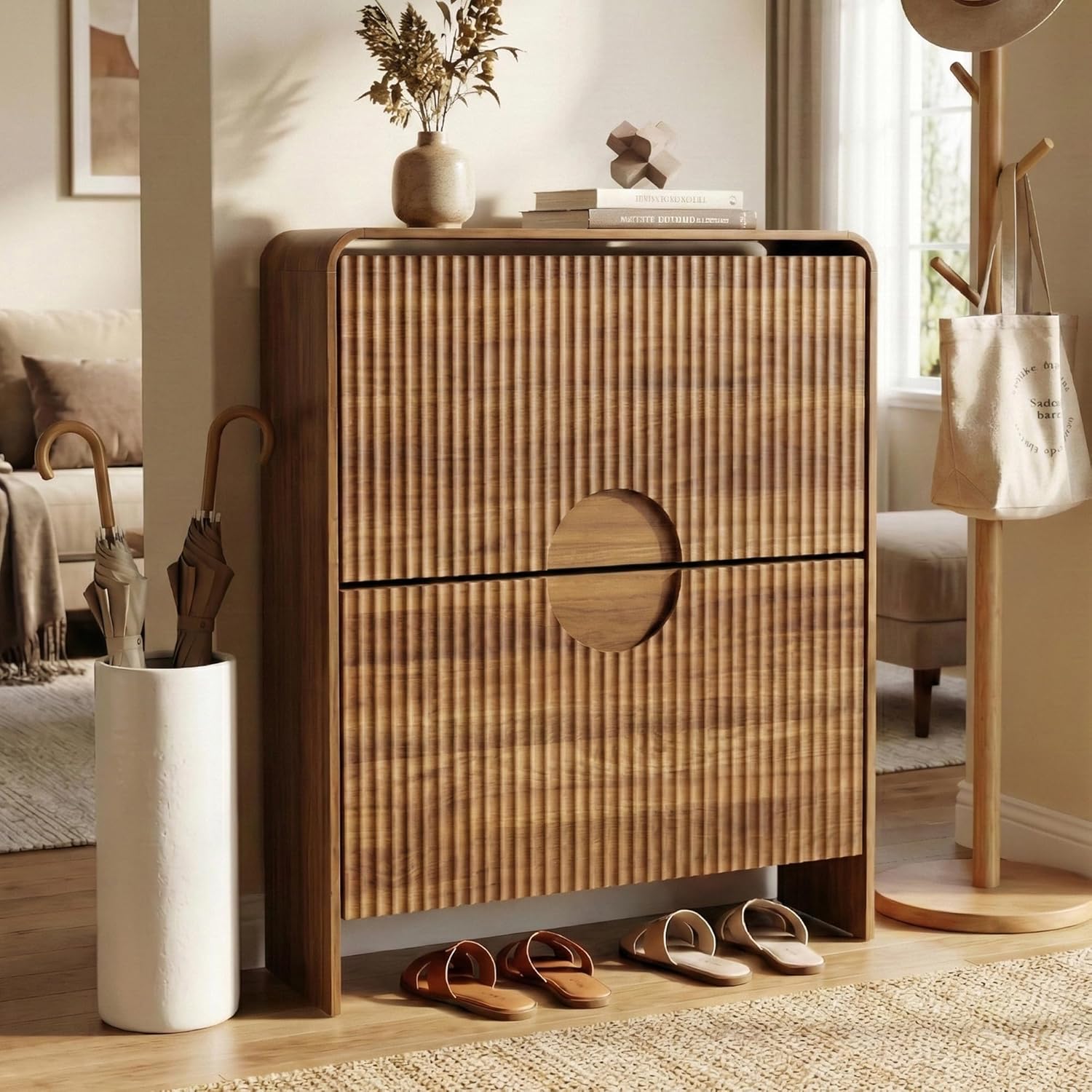 Slim Shoe Storage Cabinet for Entryway, Narrow Shoe Cabinet with 2 Tier Flip Drawers Doors, Fluted Hidden Shoe Rack Organizer for Entrance, Entry Way, Foyer, Hallway, Walnut