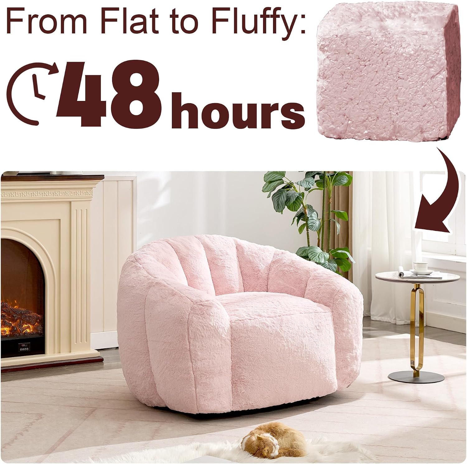 Giant 4ft Bean Bag Chair for Adults, Big Beanbag Chairs with Filler Included, Large Comfy Faux Fur Oversized Adult Bean Bags, Huge Floor Sofa for Bedroom, Living Room, Pink