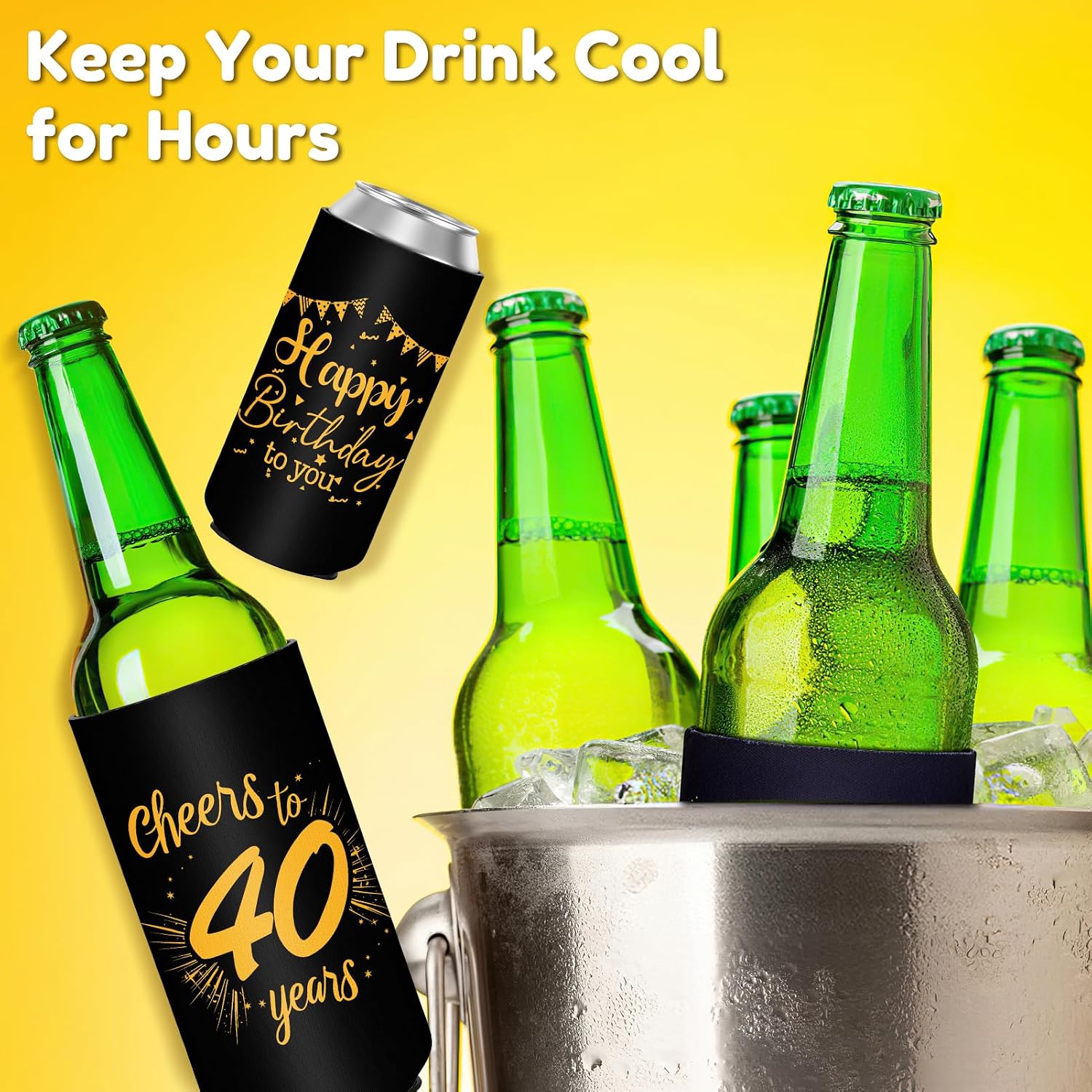40th Birthday Party Decorations Slim Can Cooler Sleeves, Neoprene Can Sleeves for 12 oz Cans & Bottles, 12 Pack Black and Gold 40th Birthday Gift for Men & Women, 4 Design