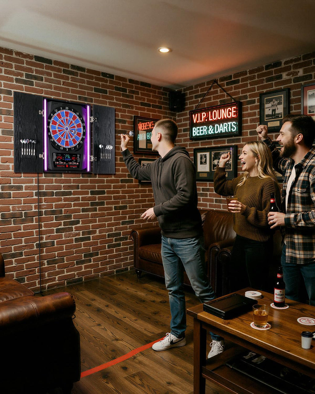 Electronic Dart Board, Electric Dartboard for Adults [12*Bronze Soft Tip Darts] 8-Color LED for 8 Players-Rustic Dart Board Cabinet for Home & Bar