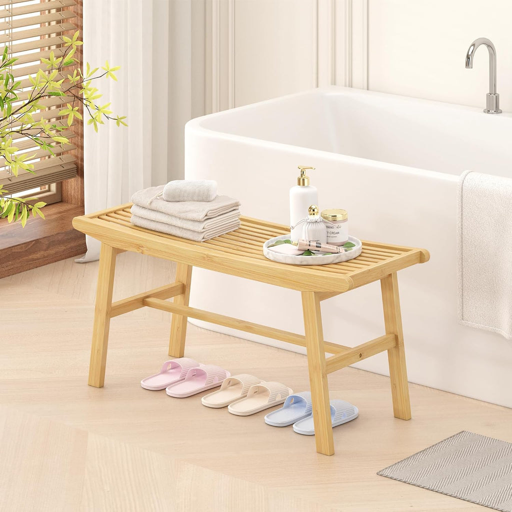 Bamboo Dining Bench Indoor Long Bench Sturdy & Comfortable Indoor Storage Bench Durable Slat Woven Design Modern Entryway Seating for Hallway (Nature, 1 Tier)