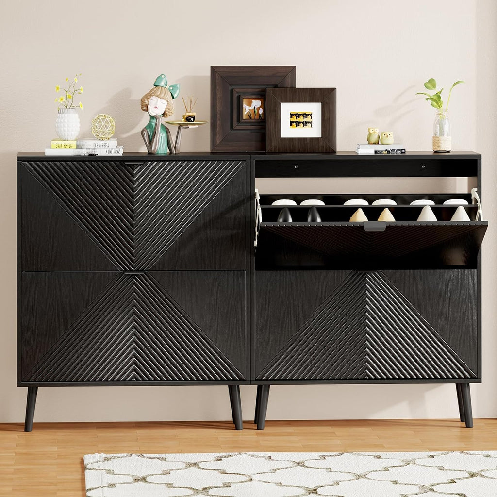 oakvivo Shoe Cabinet Storage, Farmhouse Freestanding Organizer with 2 Flip Drawers and 4 Wooden feet, Narrow Shoe Rack Cabinet for Entryway, Foyer, Hallway, Black
