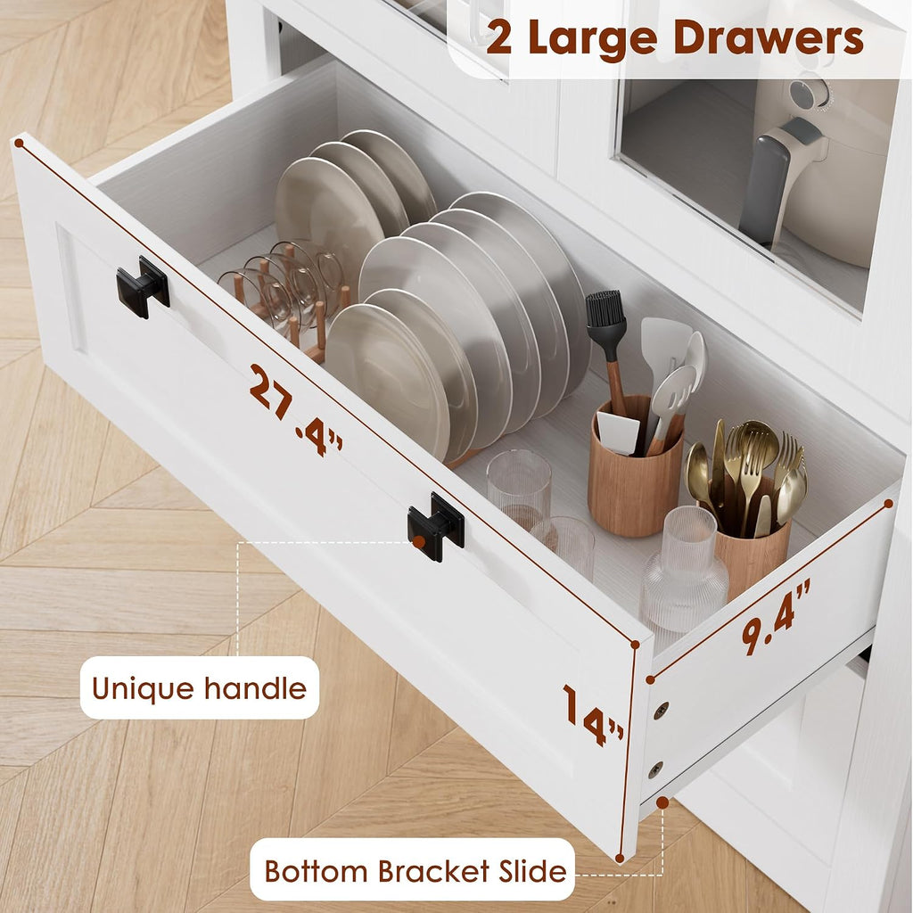 71" Tall Kitchen Pantry Cabinet - Modern Display Storage Cabinet with 2 Large Drawers, Glass Doors, and Adjustable Shelves, Farmhouse Kitchen Cupboard for Dining Room, Bathroom, Living Room, White