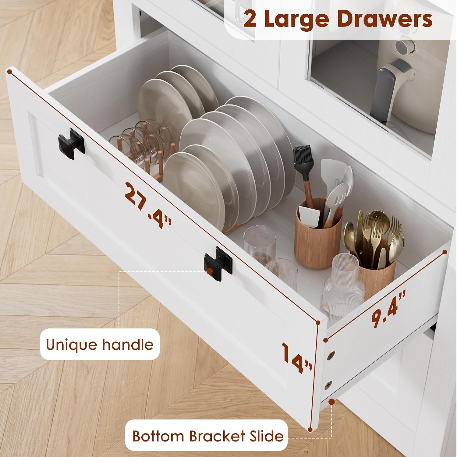 71" Tall Kitchen Pantry Cabinet - Modern Display Storage Cabinet with 2 Large Drawers, Glass Doors, and Adjustable Shelves, Farmhouse Kitchen Cupboard for Dining Room, Bathroom, Living Room, White