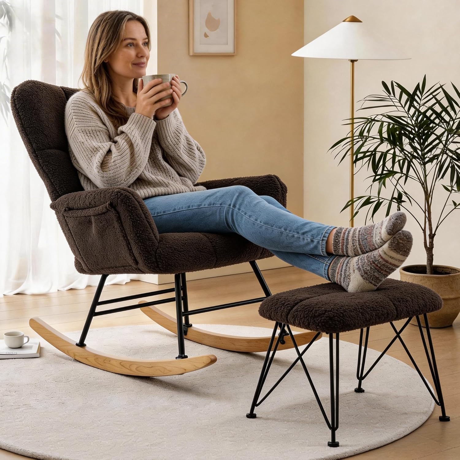 KEEZY Nursery Rocking Chair with Footrest,Teddy Upholstered Glider Rocker Rocking Accent Chair Padded Seat with High Backrest Armchair Comfy Side Chair for Living Room Bedroom (Teddy)