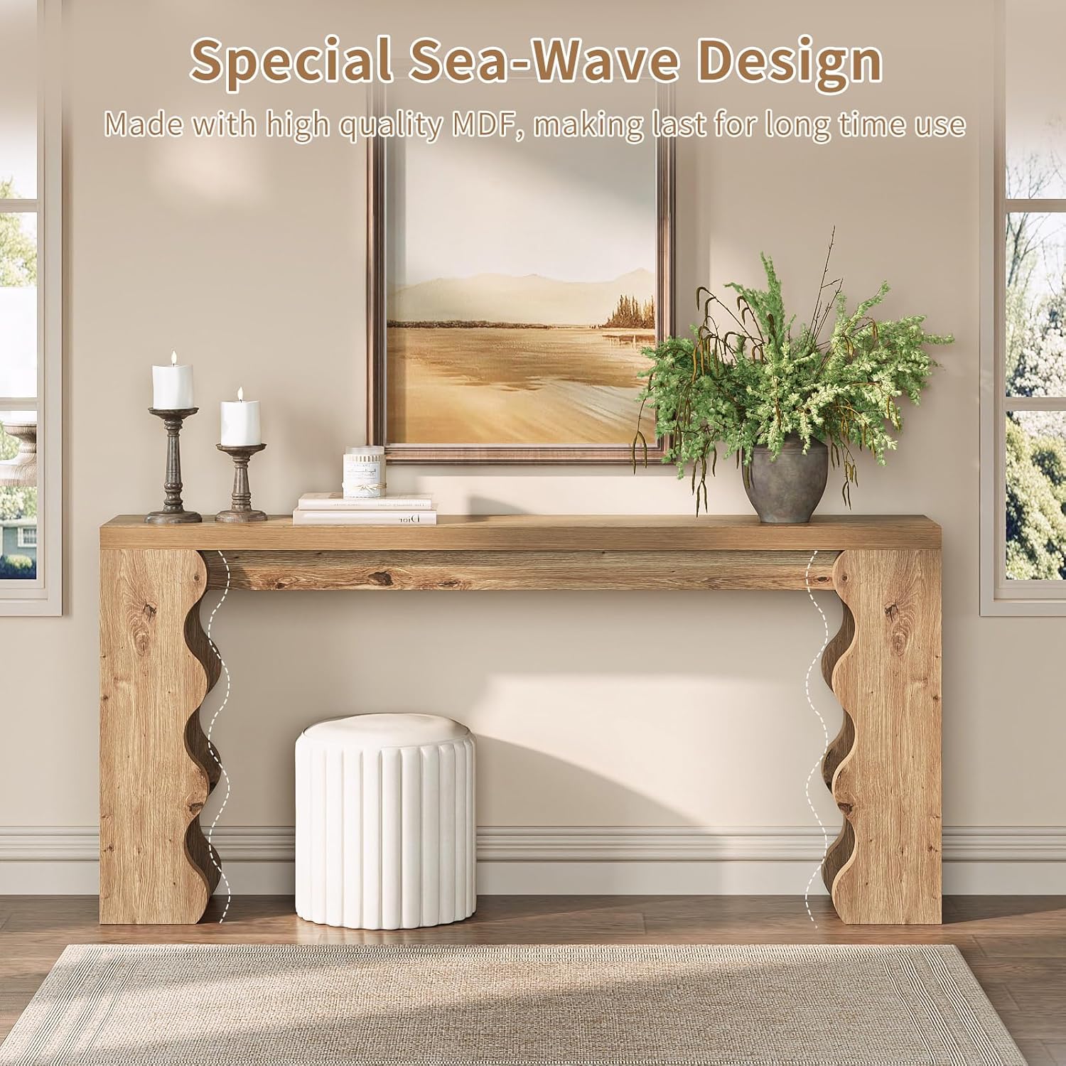 karlott 70.9" Farmhouse Entryway Table, Wood Console Table ，Behind Couch Table, Extra Long Sofa Table, Wavy Edge Design Console Table for Entryway, Entrance, Hallway, Forey, Living Room, Natural