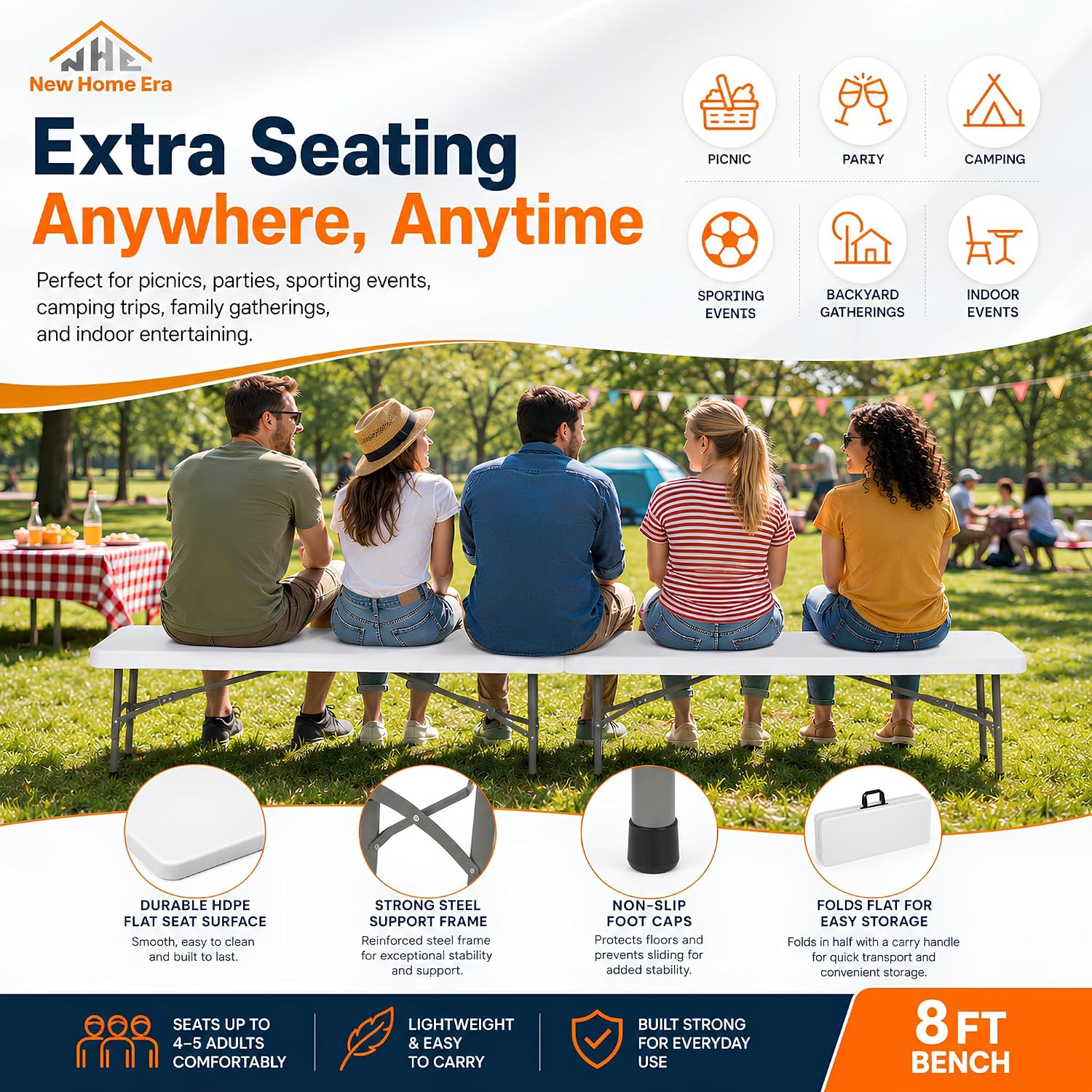 Plastic Folding Bench - Portable Bench Used for Indoor, Outdoor, Picnic, Party, Camping, Dining Seat, Garden Soccer Multipurpose Entertaining Activities, White (2, White, 8 Feet)
