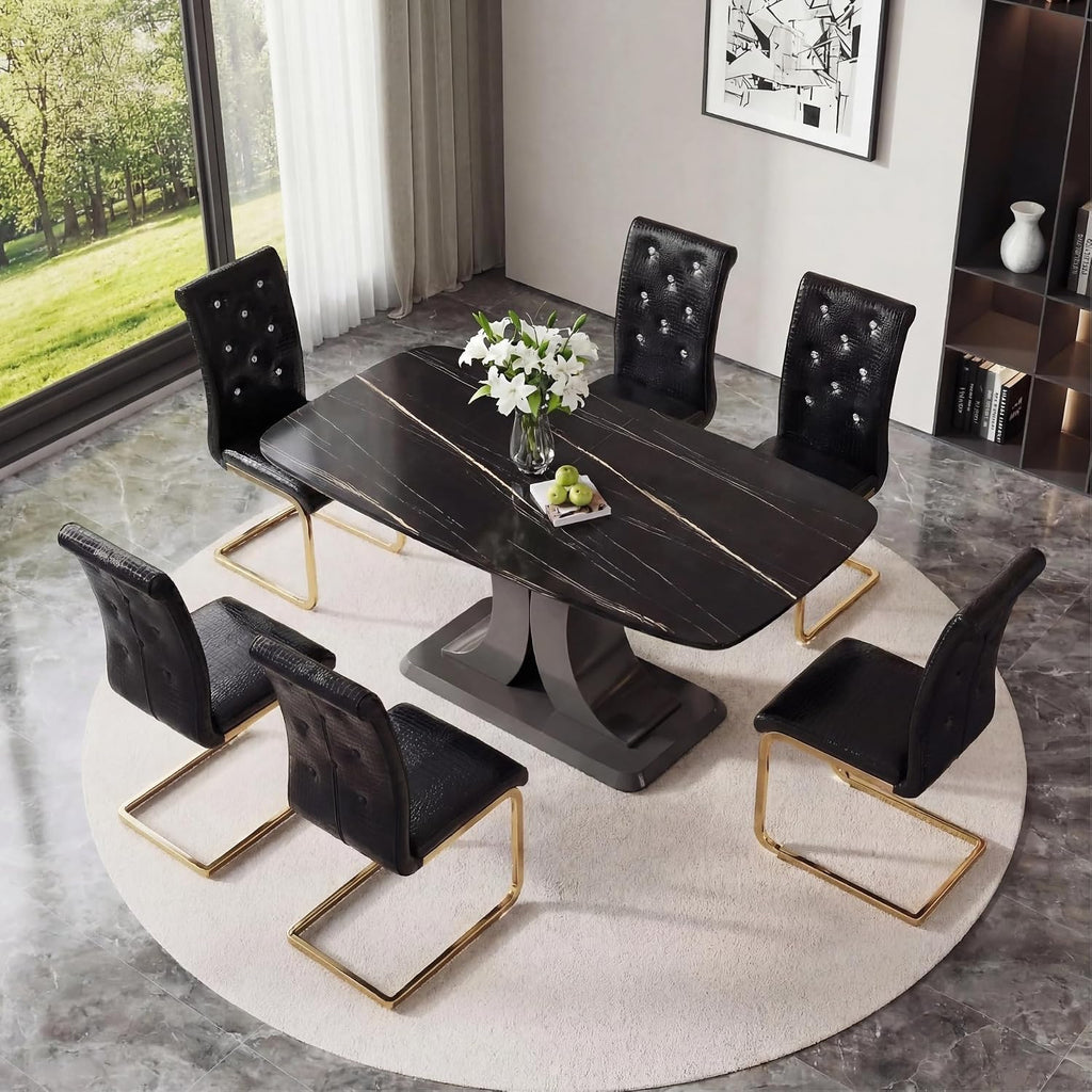 Modern Dining Table Set for 6, Faux Marble Kitchen Table Chairs Set, 63" Rectangular MDF Table Upholstered Chrome Chairs, Easy Clean for Dining Room