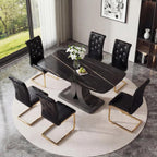 Modern Dining Table Set for 6, Faux Marble Kitchen Table Chairs Set, 63" Rectangular MDF Table Upholstered Chrome Chairs, Easy Clean for Dining Room