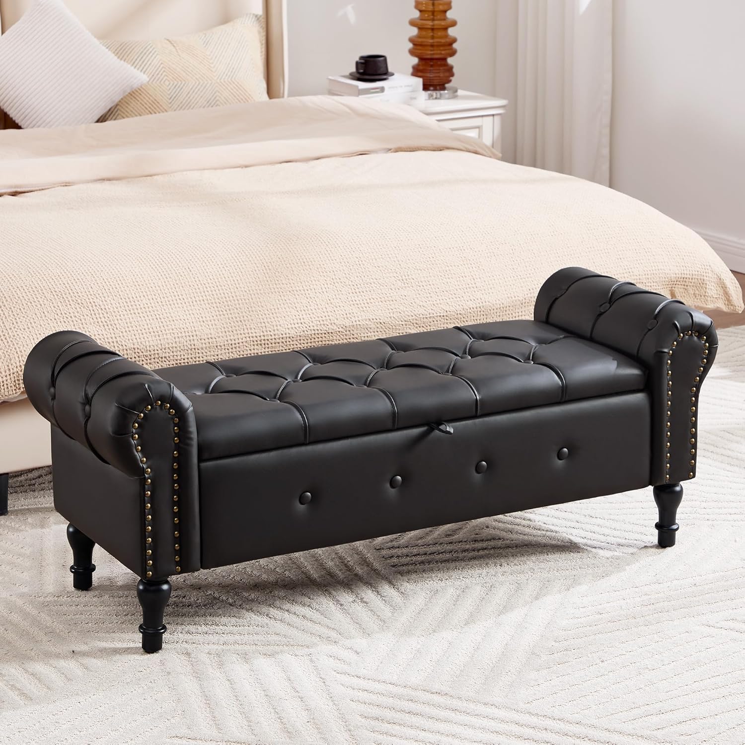 Storage Bench for Bedroom, Faux Leather 51" End of Bed Bench, Queen Size Bench with Rolled Arms, Tufted Storage Ottoman Benches, Upholstered Bench for Bedroom, Living Room, Entryway, Black
