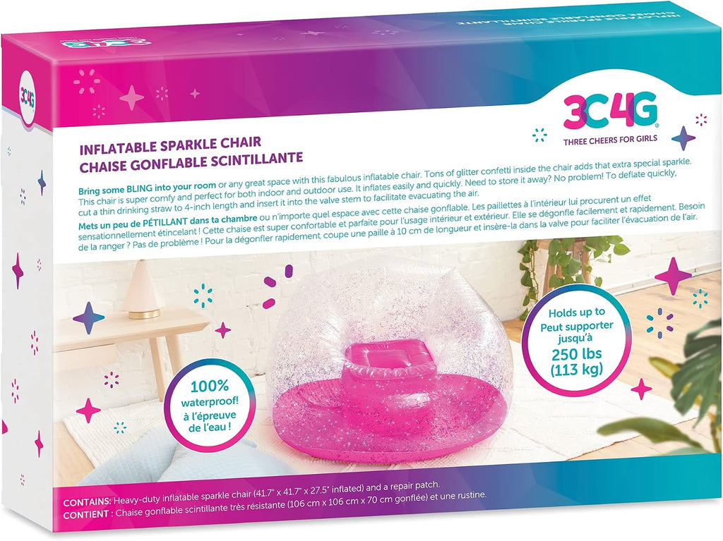 3C4G Pink Glitter Confetti Chairs - Inflatable Lounge Chair for Kids - Comfortable & Portable Blow Up Chair Perfect for Outdoors, Bedrooms, Game Room, Dorms & More! by Make It Real