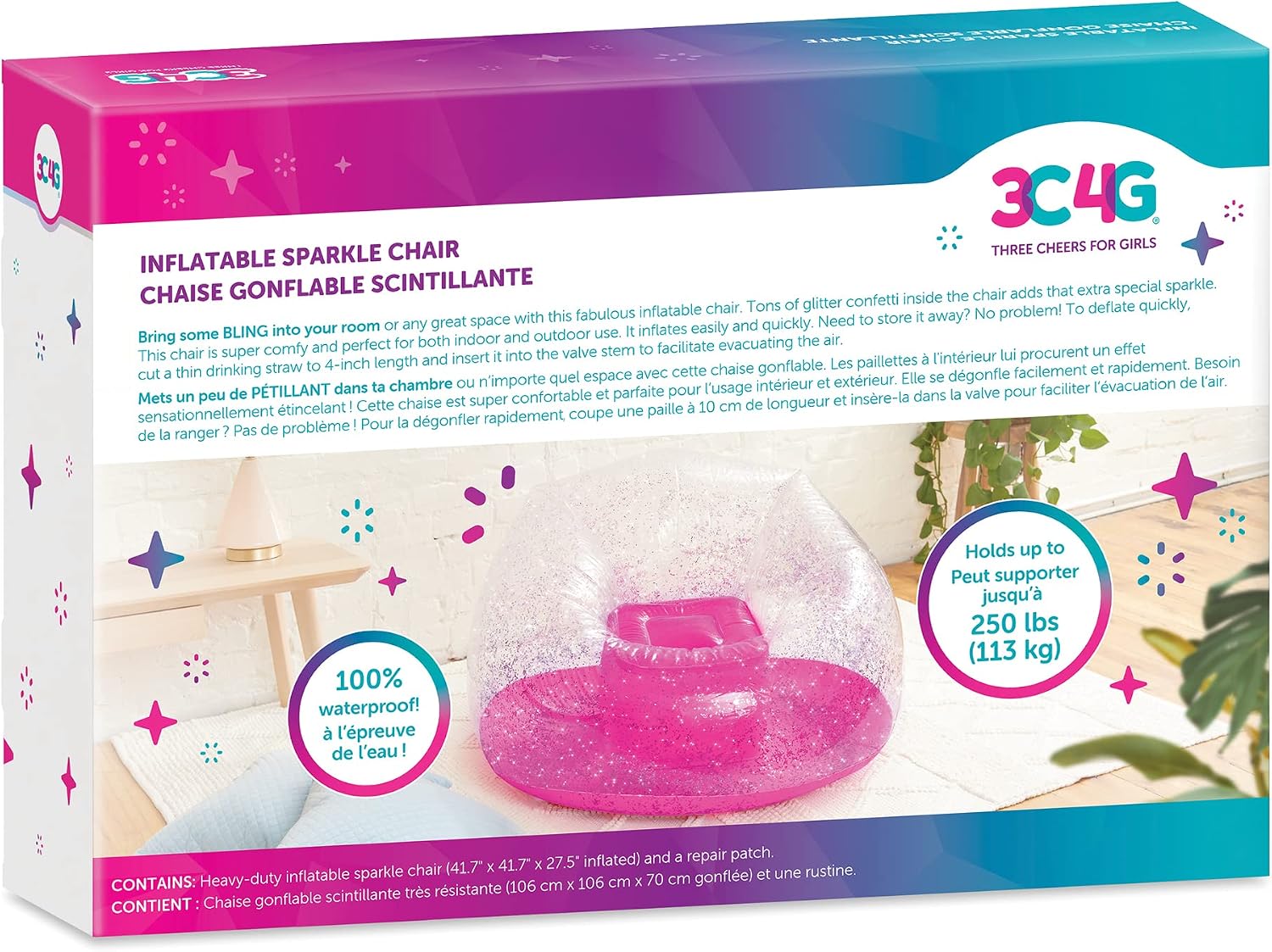 3C4G Pink Glitter Confetti Chairs - Inflatable Lounge Chair for Kids - Comfortable & Portable Blow Up Chair Perfect for Outdoors, Bedrooms, Game Room, Dorms & More! by Make It Real