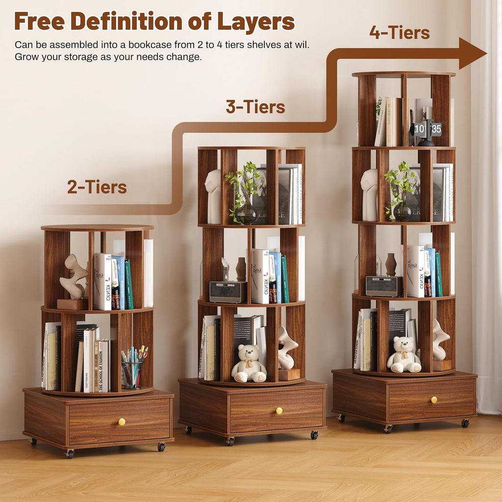 4 Tier Wood Rotating Bookshelf, 360° Spinning Bookshelf Tower with Lockable Wheels, Round Revolving Bookcase for Bedroom, Small Space, Corner, Office, Reading Nooks, Hallways, Walnut