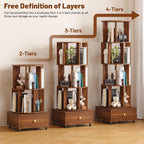 4 Tier Wood Rotating Bookshelf, 360° Spinning Bookshelf Tower with Lockable Wheels, Round Revolving Bookcase for Bedroom, Small Space, Corner, Office, Reading Nooks, Hallways, Walnut