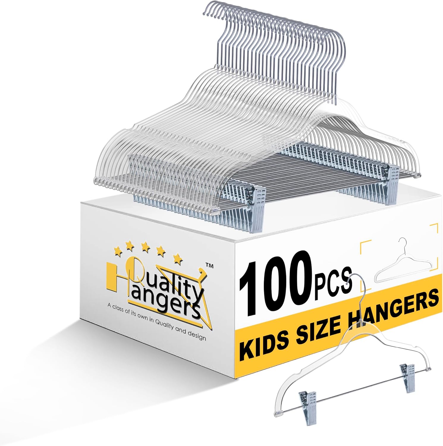 Quality Clear Kids Pants Hangers with Clips 100 Pack | Heavy Duty Skirt Hangers with Swivel Hook and Notches | Space Saving Kids Clip Hangers for Pants | 13.7 Inch (Clear, Silver Hook, 100 Pack)