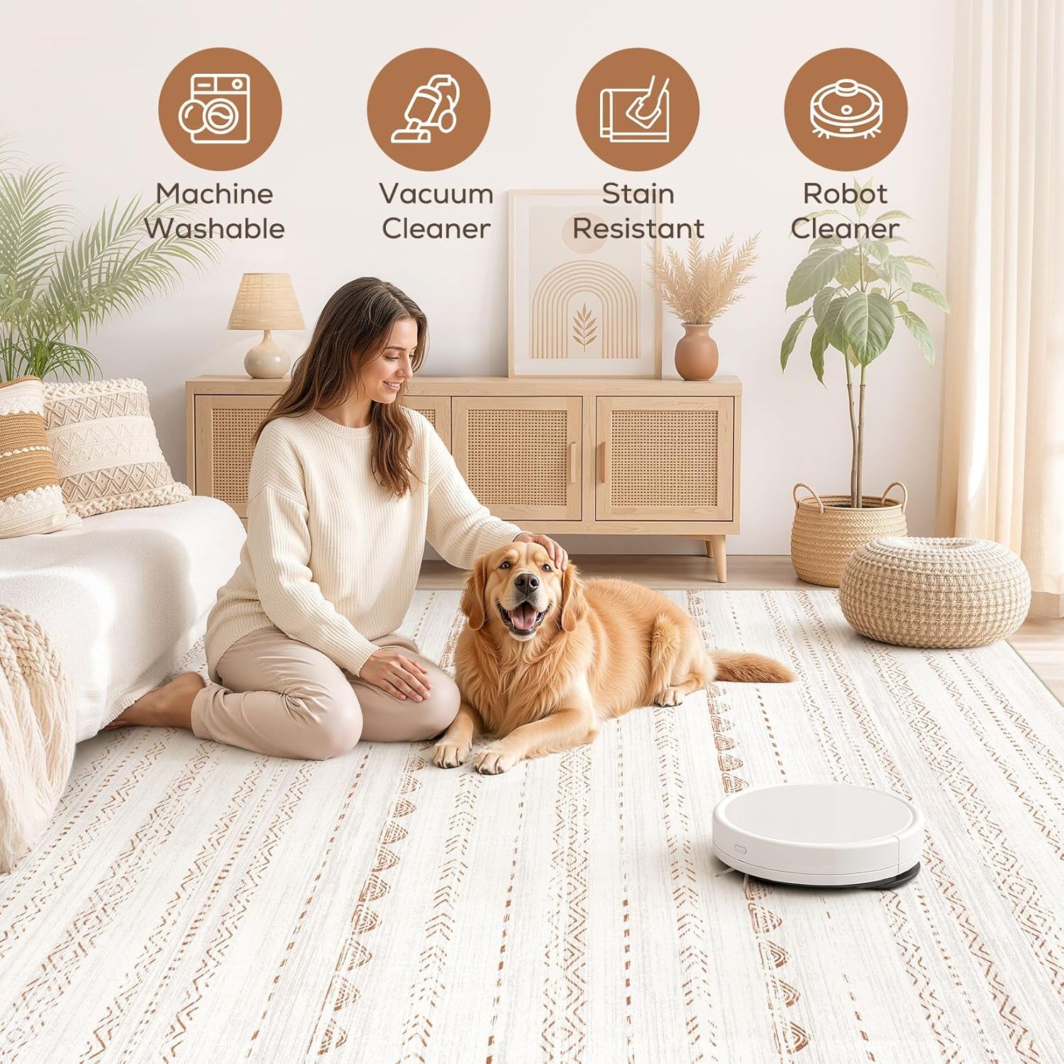 Nakagishi Area Rug Living Room Rugs: 5x7 Large Soft Machine Washable Boho Moroccan FarmNeutral Stain Resistant Indoor Floor Carpet for Bedroom Under Dining Table Home Office Decor-Cream Brown