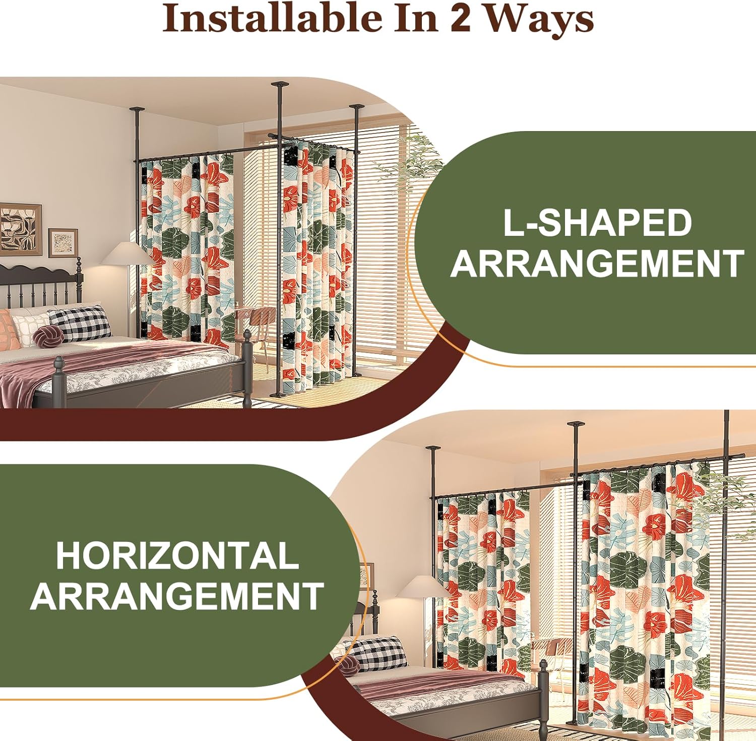 Goovilla Room Divider for Room Separation, Tension Curtain Rods No Drilling, 4-10ft(H) 28-114inch(W) Adjustable Temporary Privacy Wall Divider, Heavy Duty Freestanding Space Partition Separator, Black