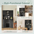 Farmhouse Kitchen Buffet Cabinet with Storage, Black Food Pantry Organizer with Wine Racks, Glass Shelves & Drawers for Dining Room