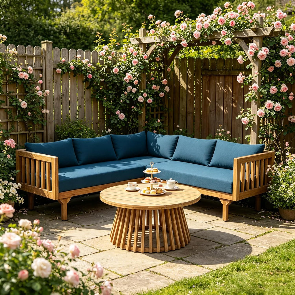 Lounge Chairs for Poolside- 2 Piece Outdoor Patio Furniture Set, Acacia Wood 3-Seater Patio Sofa with Cushions & Round Fluted Coffee Table(Color:Blue)