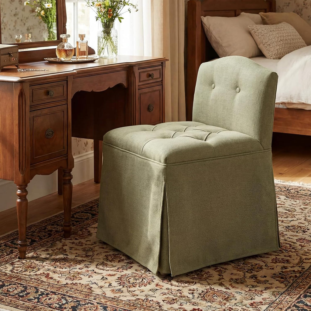 Green Tufted Makeup Vanity Chair with Wheels, Small Upholstered Skirted Slipper Accent Chair with Low Back & Metal Legs, Armless Rolling Vanity Stool Desk Chair for Living Room Bedroom