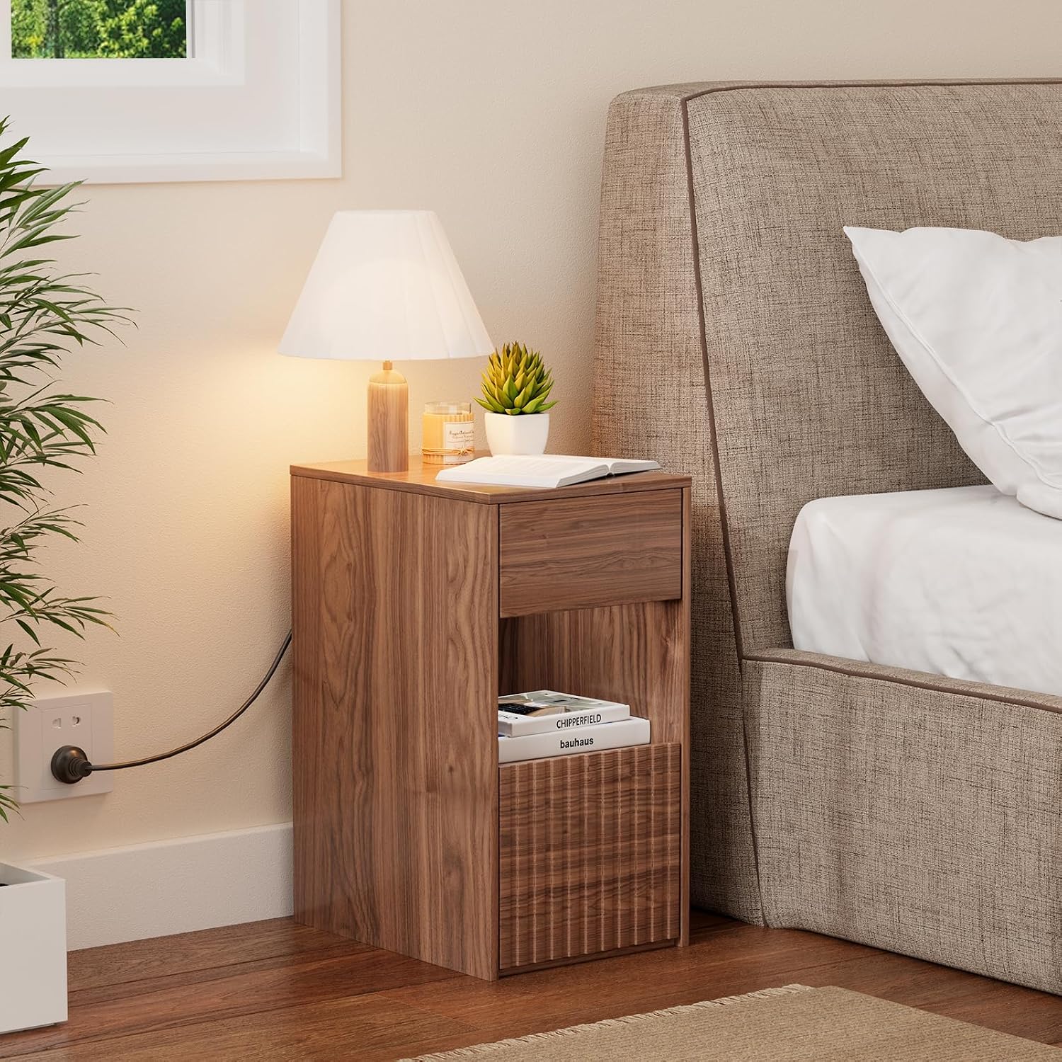 Eongdon Fluted Nightstand Set of 2, Mid Century Modern End Table with 2 Drawers and Open Storage, 11.7" W Narrow Bedside Table Organizer, Wood-Like Walnut Finish Compact Night Stand for Bedroom, Sofa