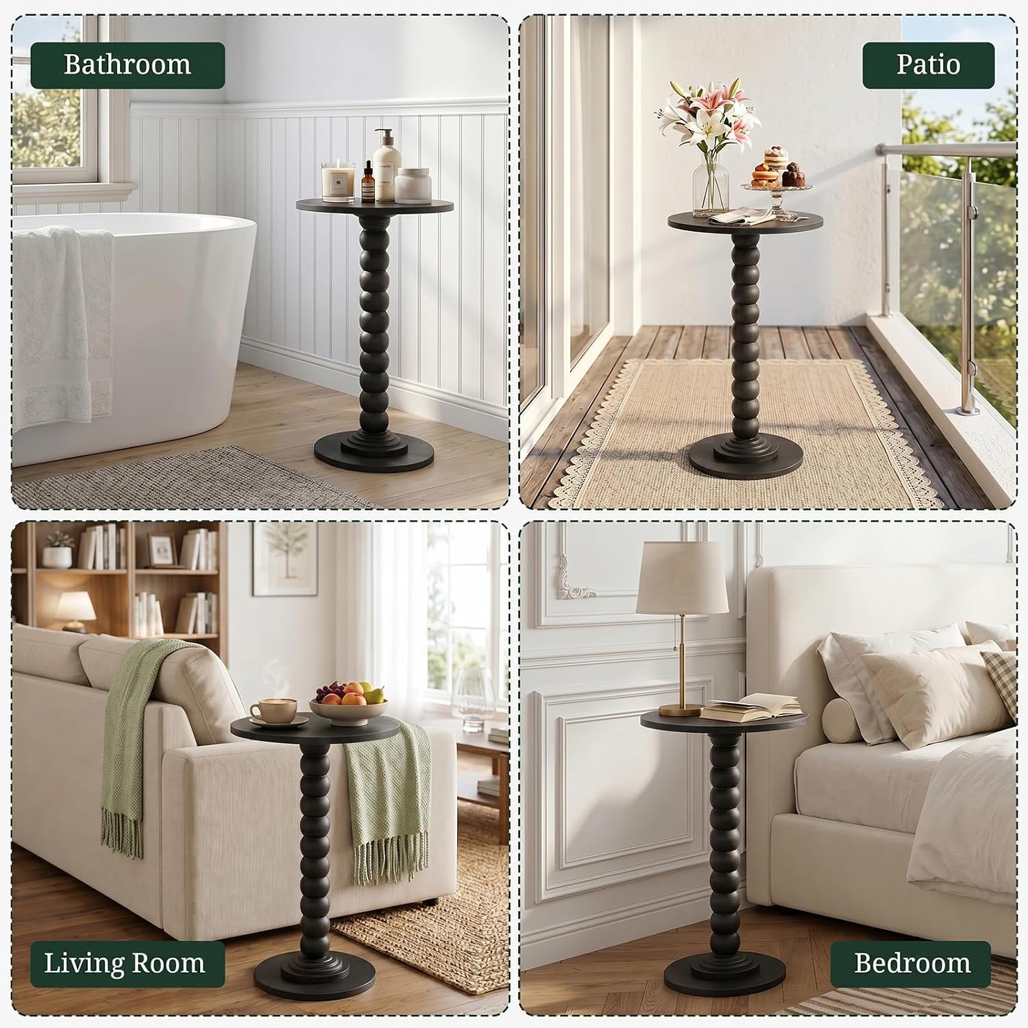 Round Side Table for Small Spaces, Modern Pedestal End Table with Solid Wood Spindle Leg, Small Drink Table Accent Nightstand for Living Room, Bedroom, Sofa Side, Apartment & Office, Black