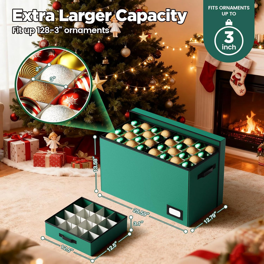 Christmas Ornament Storage Box, Ornament Organizer Storage box with Lids and Adjustable Dividers, Store Up to 128-3" Ornaments, Large Holiday Decor Storage Container with 8 Stackable Trays, Green