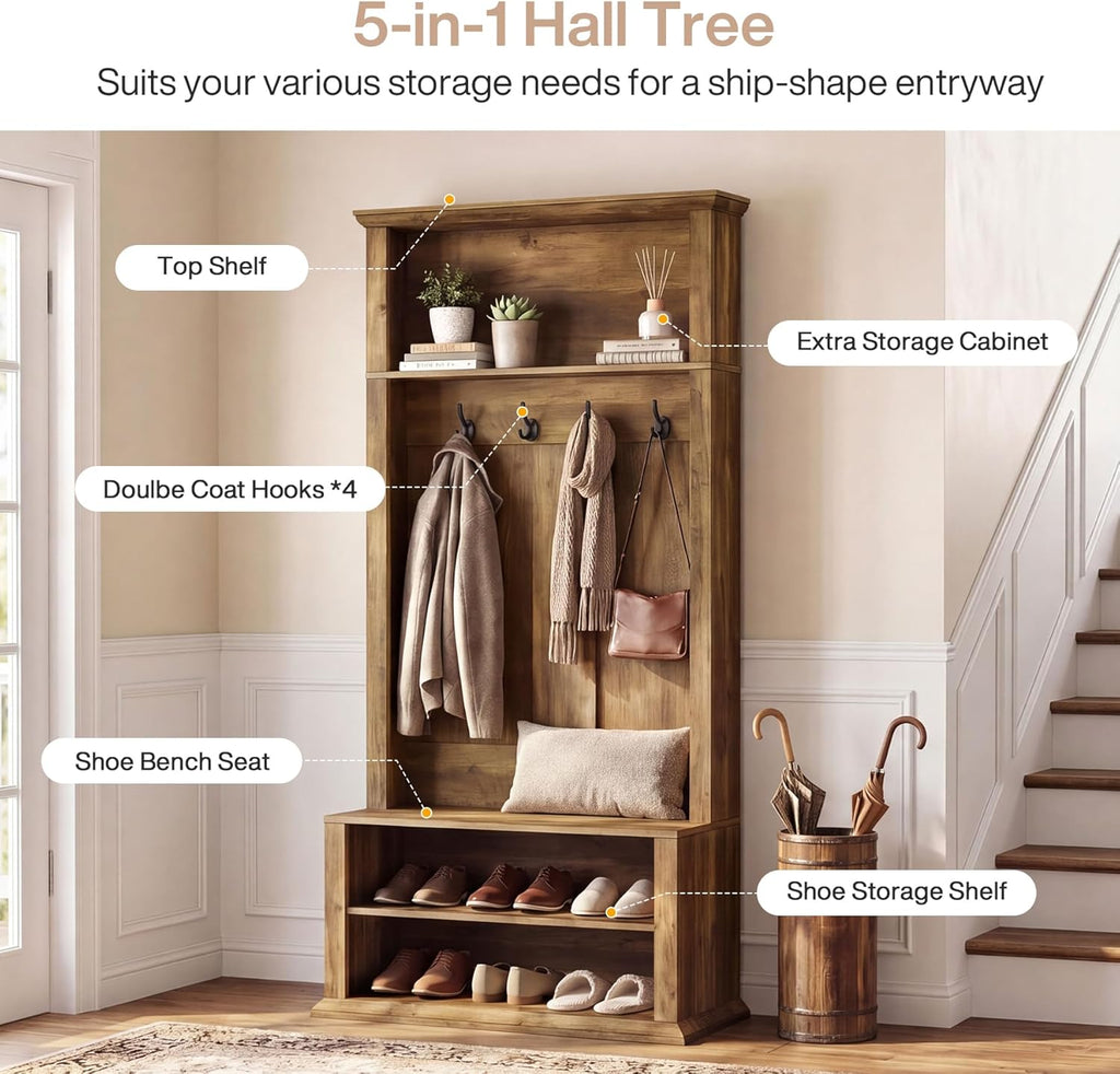 Tribesigns Hall Tree with Bench and Shoe Storage, 70.89" Tall Hall Tree with Coat Hooks, Open Shoe Shelves and Top Display Shelf, Entryway Coat Rack for Mudroom, Hallway, Bedroom, Rustic Brown