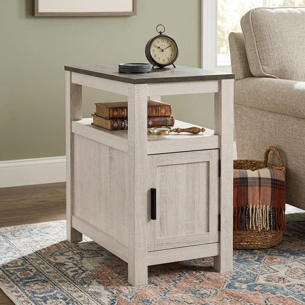 Signature Design by Ashley Fendenmore Farmhouse Chairside End Table with Storage and USB Ports, Gray & White