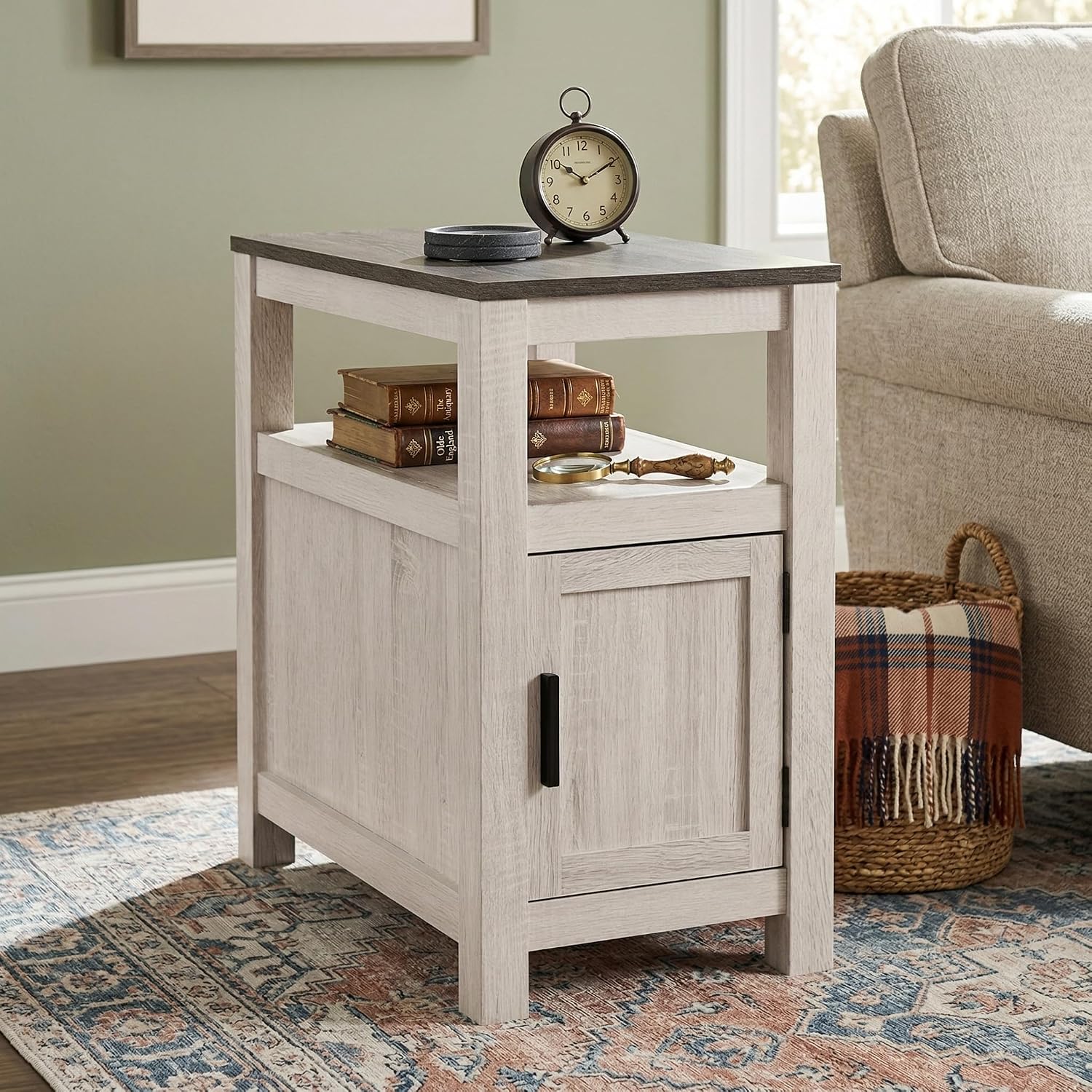 Signature Design by Ashley Fendenmore Farmhouse Chairside End Table with Storage and USB Ports, Gray & White