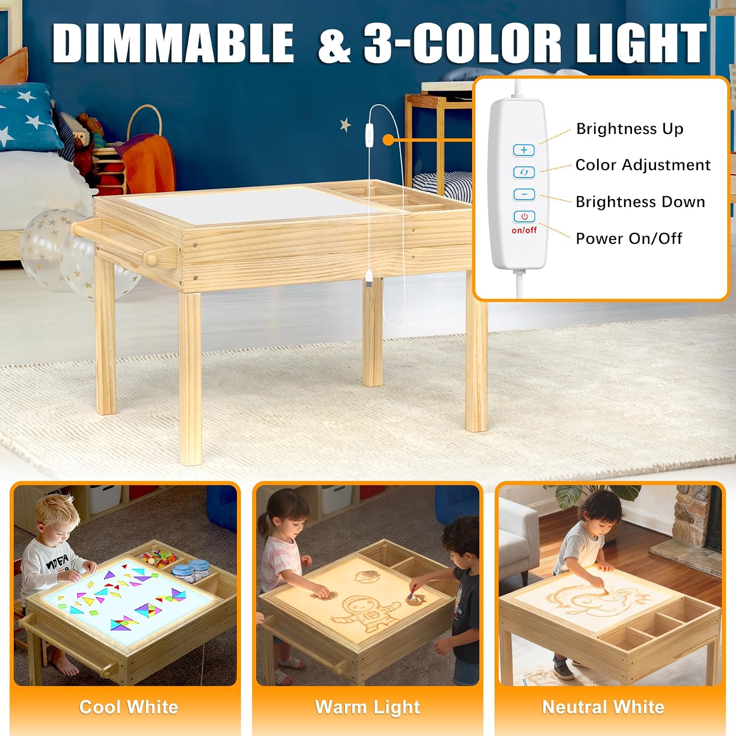 GDLF Light Table for Kids, 3-in-1 Kids Activity Table with Storage, LED Sensory, Building Brick & Art Station with Paper Roll Holder for Ages 3+
