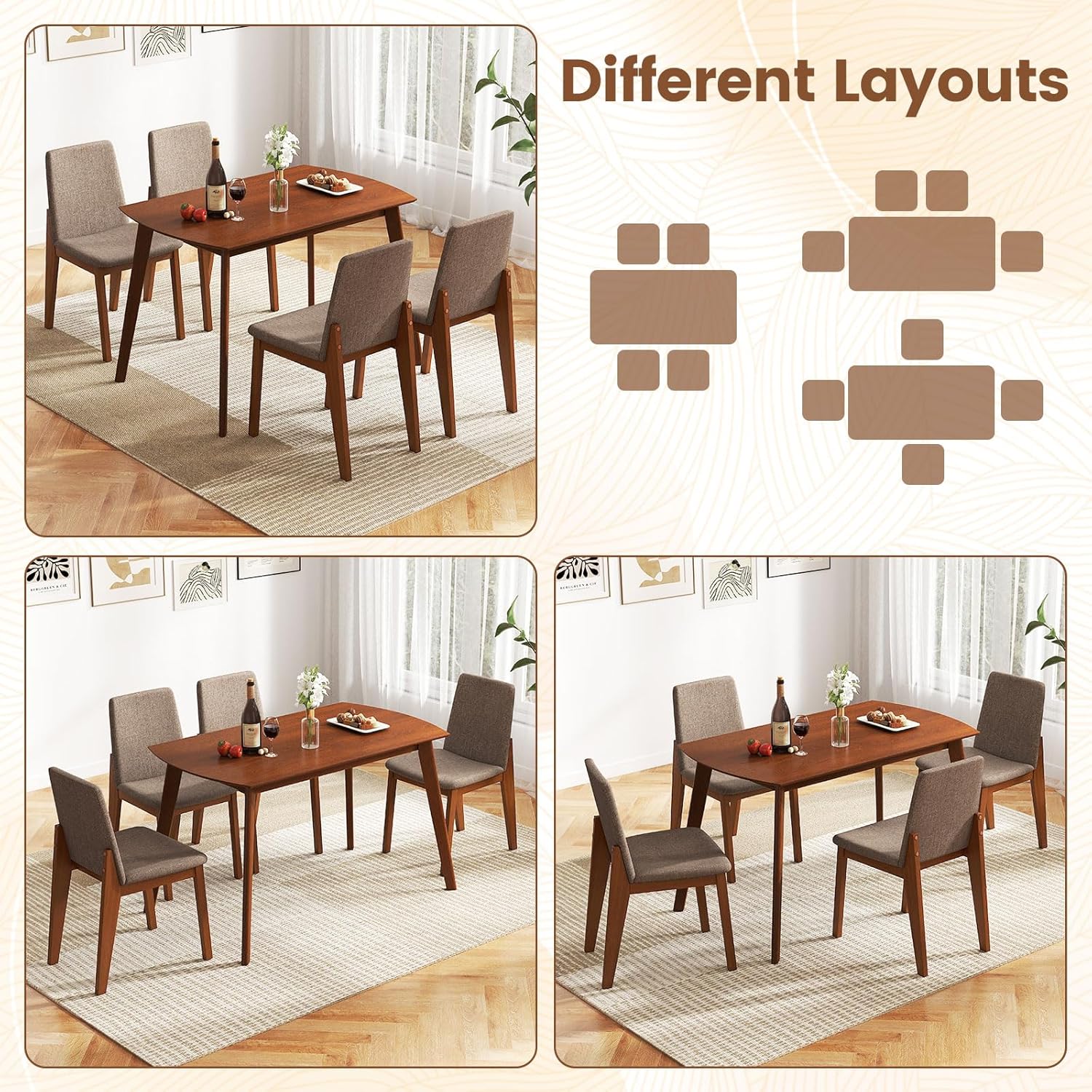 Giantex Dining Table Set for 4, Rectangular Kitchen Table and Chairs Set w/Rubber Wood Frame, Padded Seats & Backrests, Space-saving Dinette Set for Small Space, Apartment, Dining Room, Breakfast Nook