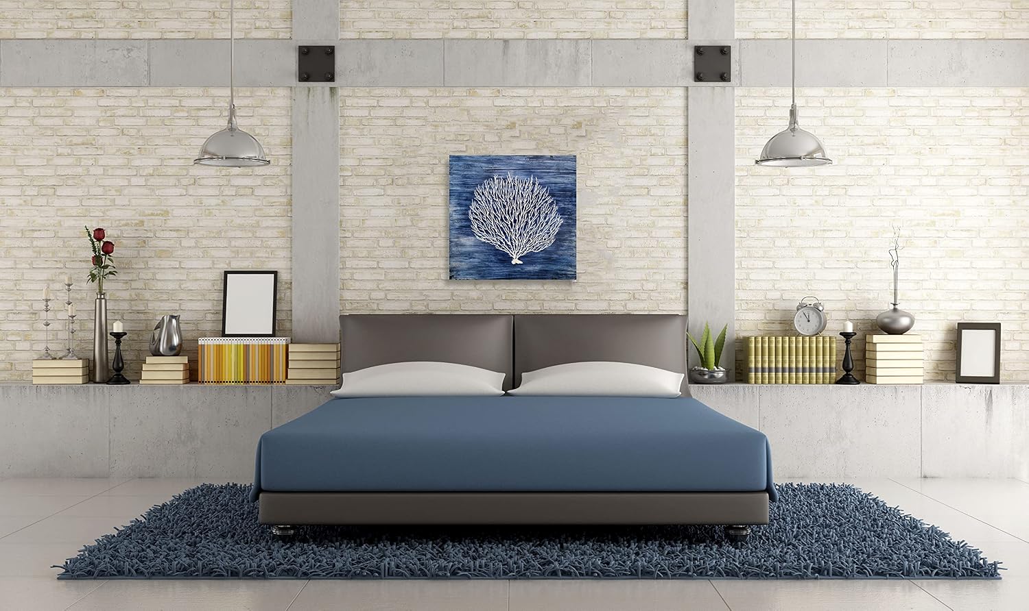 Yihui Arts Navy Blue Canvas Wall Art Hand Painted White Coral Painting Modern Abstract Tree Pictures Coastal Artwork for Bedroom Living Room Bathroom Decor