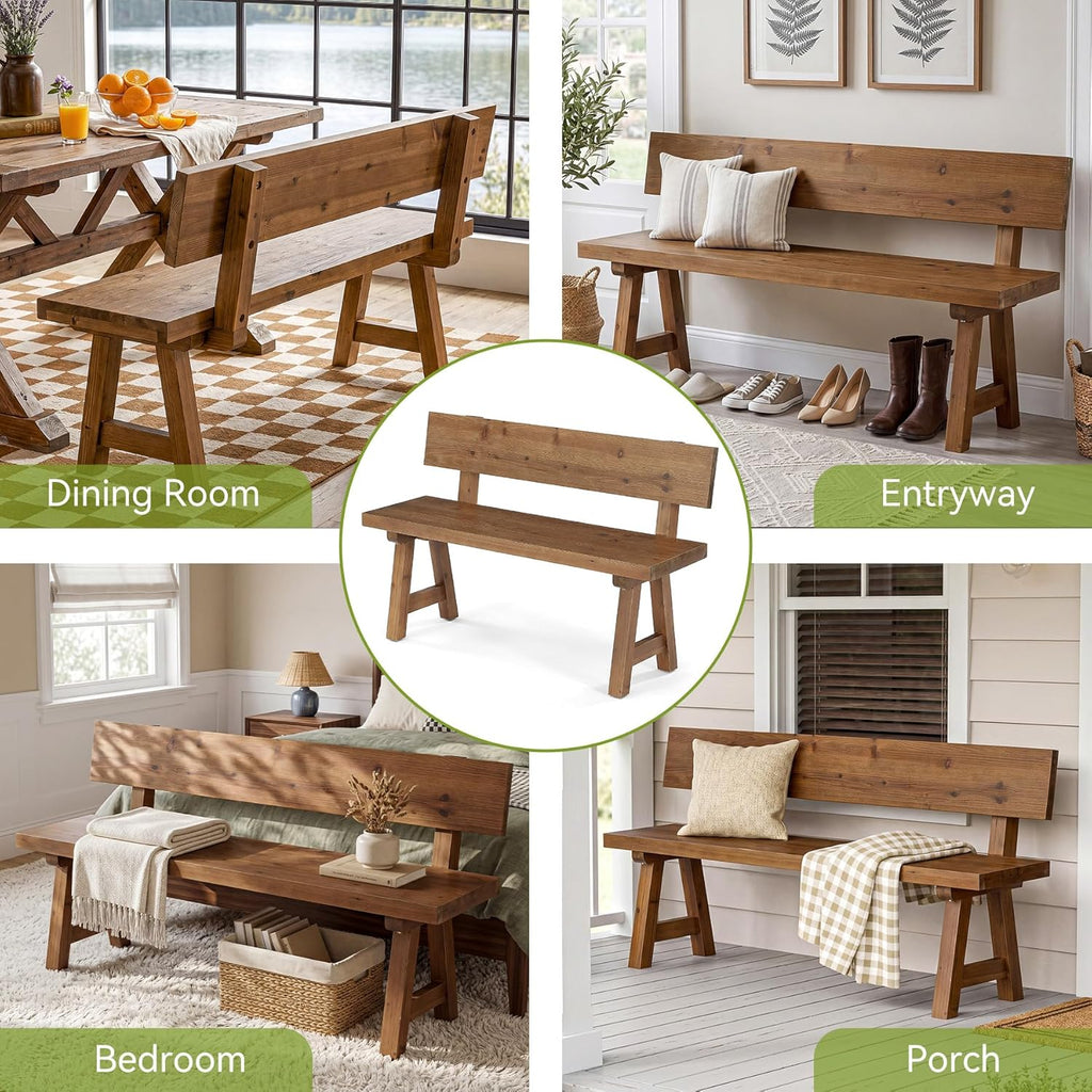 LITTLE TREE Solid Wood Bench with Back, 47-Inch Long Farmhouse Wooden Indoor Window Bench Seat for Entryway, Mudroom, Living Room, Easy Assembly, Rustic Brown