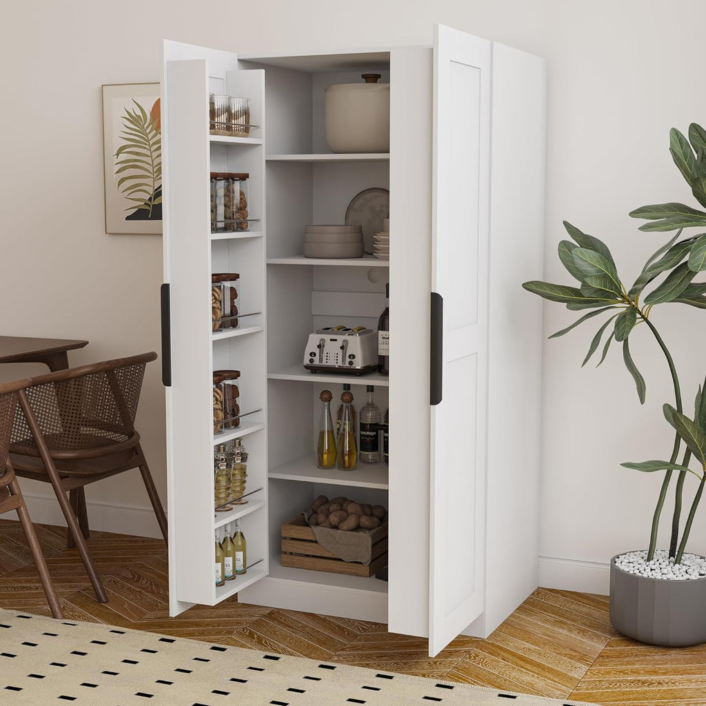62.99" Freestanding Kitchen Pantry Cabinet, Multifunctional Storage Buffet with Shelves & Doors, Versatile Pantry Organizer for Kitchen, Dining Room or Living Room, Particle Board Construction, White