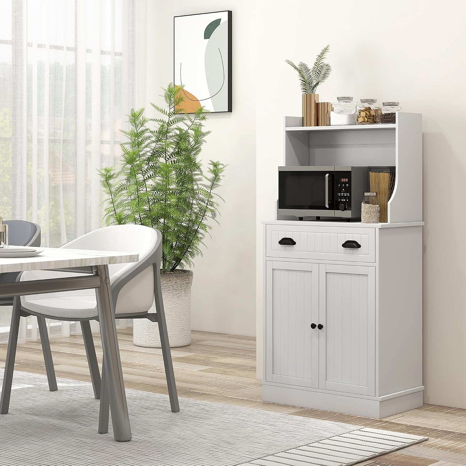 Microwave Cabinet with Storage Drawer, Double Door Cabinet and Adjustable Shelf, Buffet and Cable Hole, Storage Cabinet for Kitchen, Dining Room, Living Room, White