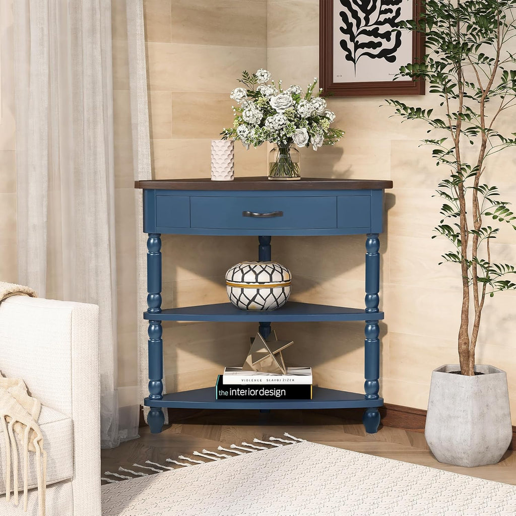 ZSQ Retro Corner Side Table, 33.8 inch Triangle Console Table with Solid Wood Legs, 3-Tier Small Wooden Living Room Table, Navy Blue and Espresso Top (Navy Blue)