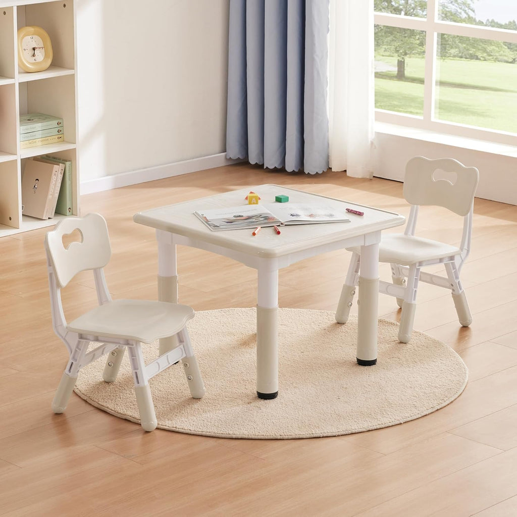 GITAWUSA Kids Study Table and Chairs Set, Height Adjustable Toddler Table and Chair Set for Kids Ages 3-8, 23.6" L x 23.6" W Graffiti Desktop Plastic Children Art Table with 2 Seats, Burlywood