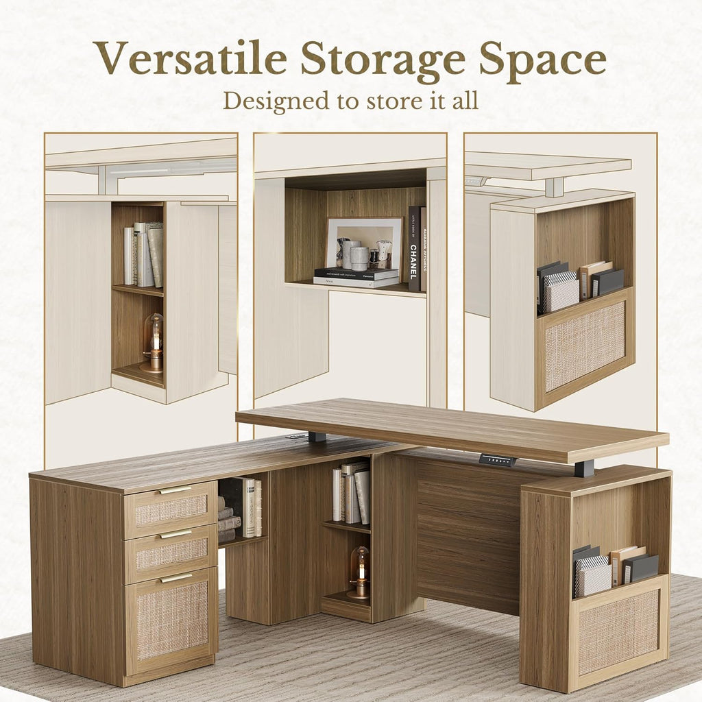 63 Inches L Shaped Standing Desk, Executive Standing Desk with Drawers and File Cabinet, AC/USB, 1.18" Desktop, Multi-Sized Storage Cubby, Privacy Panel, Rattan Computer Desk, Natural Oak