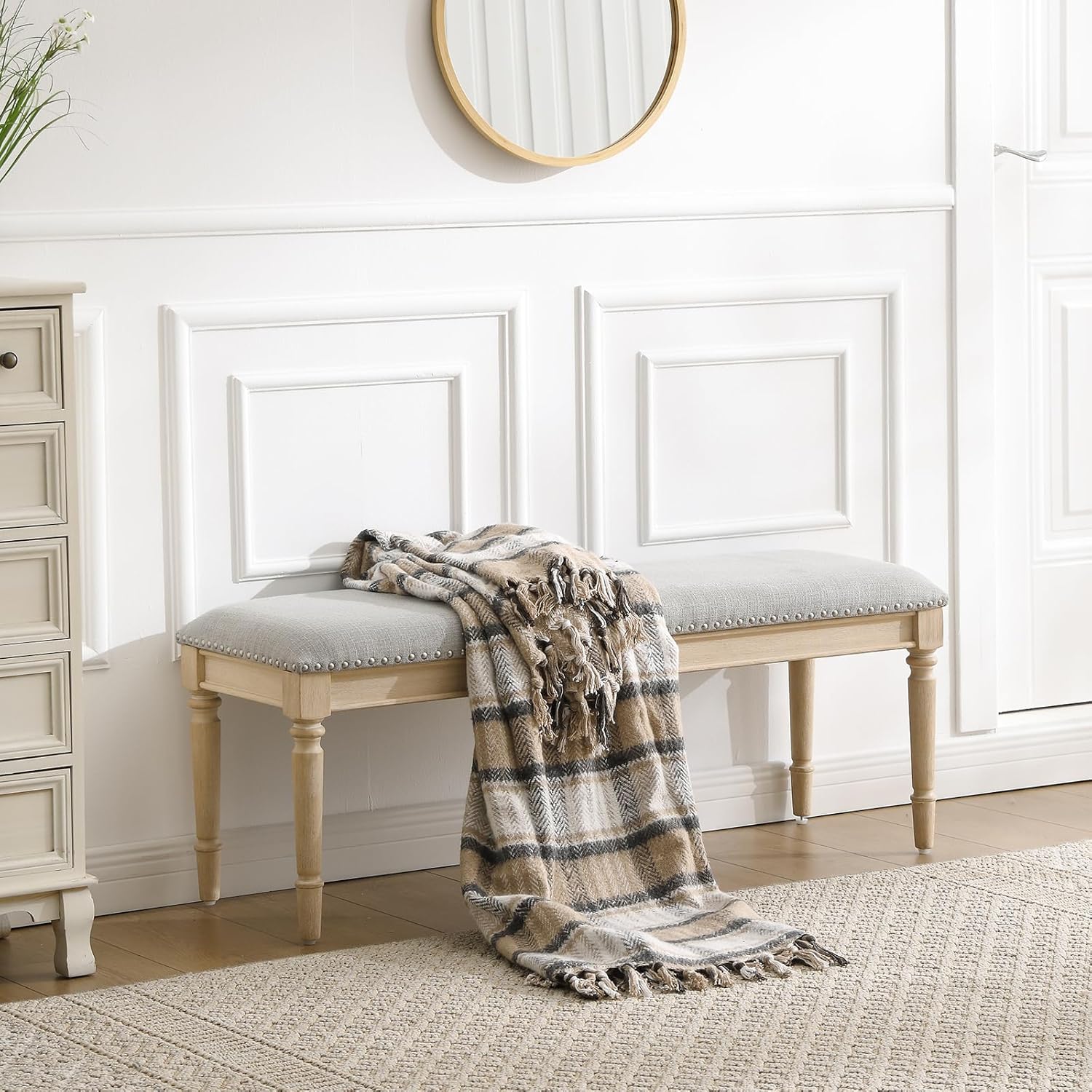 chairus Farmhouse Dining Bench 46" Wooden Entryway Bench with Padded Seat and Nailhead Trim for Kitchen Bedroom,Indoor and Hallway, Grey Linen