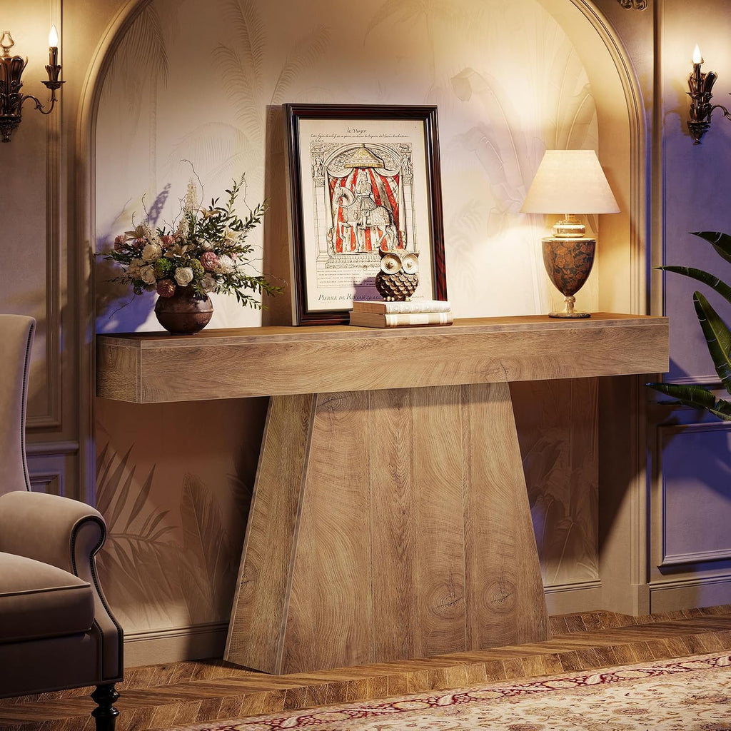 Tribesigns 63" Console Table, Farmhouse Entryway Table with Trapezoidal Base, Narrow Long Wood Sofa Table Behind Couch Table for Entrance, Hallway, Living Room, Natural