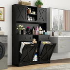 71" Tall 47"Wide Kitchen Pantry Storage Cabinet with Power Outlets,Farmhouse Kitchen Double Tilt Out Trash Cabinet 10X2 Gallon Garbage Holder with Two Drawers,Freestand Laundry Sort Cabinets(Black)