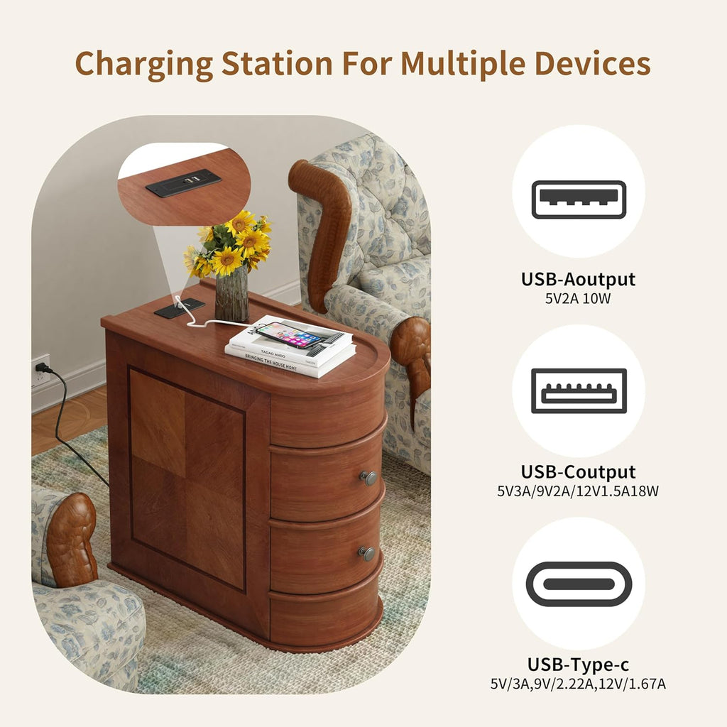 Narrow End Table with Charging Station, Vintage Slim Sofa Side Table & Nightstand with 2 Drawers, Compact Wood Storage for Living Room Bedroom Small Spaces, Fully Assembled, Brown