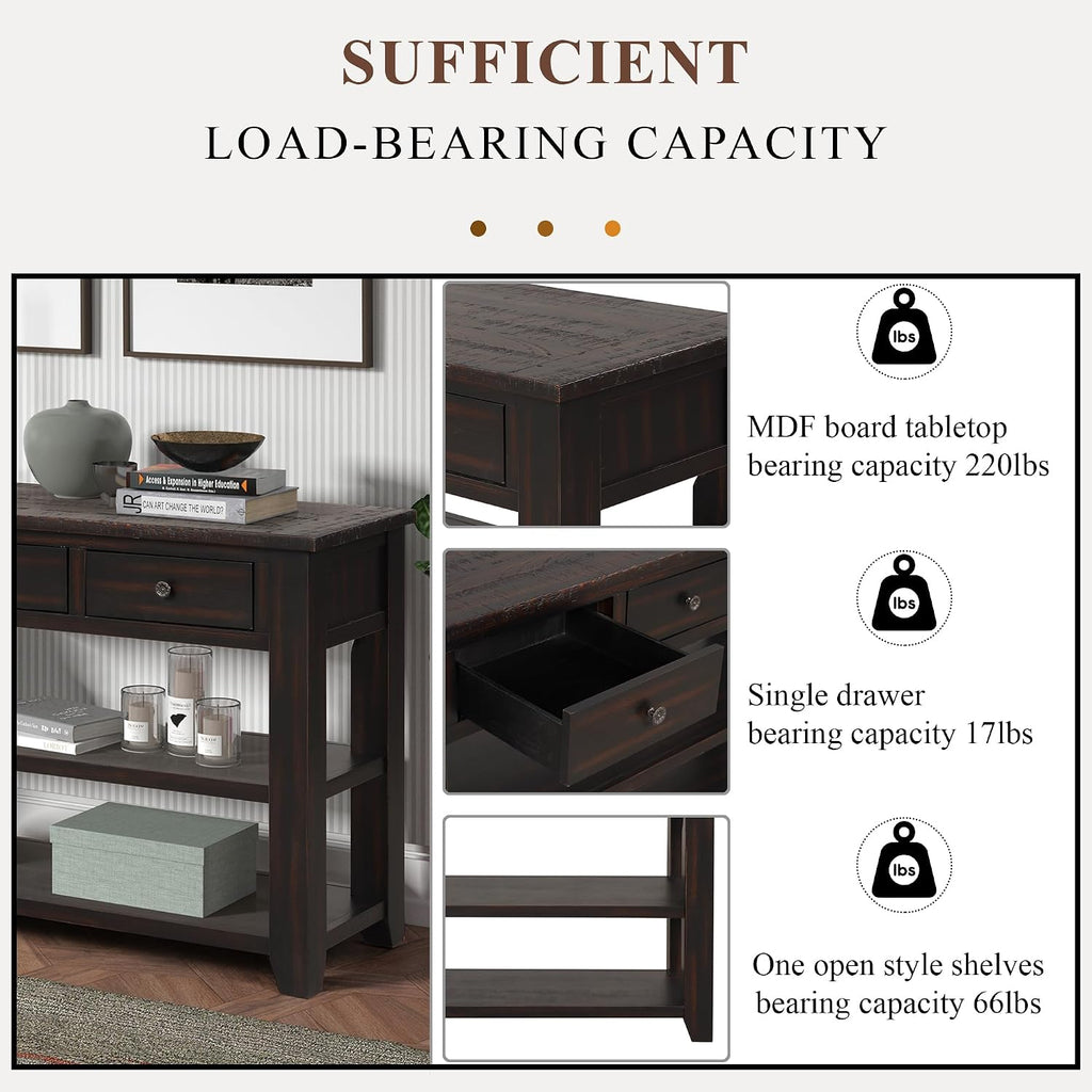 RuiSiSi 48” Console Table with 3 Drawers and 2 Shelves, Farmhouse Wood Sofa Table for Living Room, Entryway, Hallway, Distressed Black